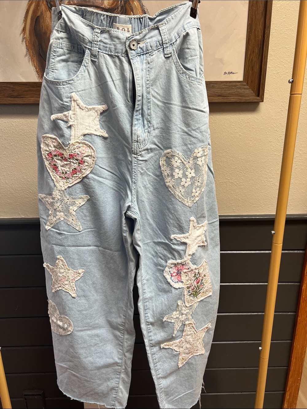 POL Light Blue Jeans with White Lace Heart & Star Appliqués